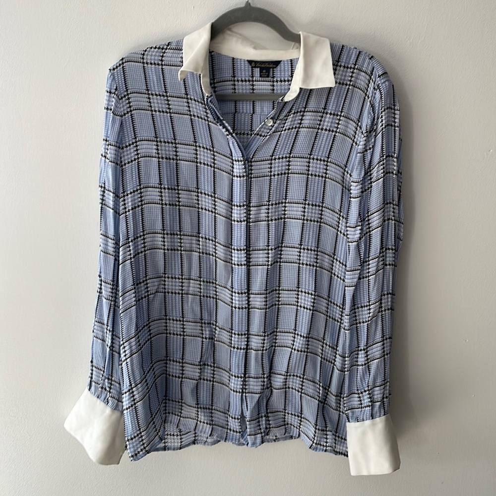 Brooks Brothers, 14, 100% silk blue houndstooth plaid semi-sheer blouse, button